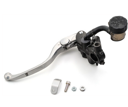 Motorcycle brake lever and caliper assembly on a white background