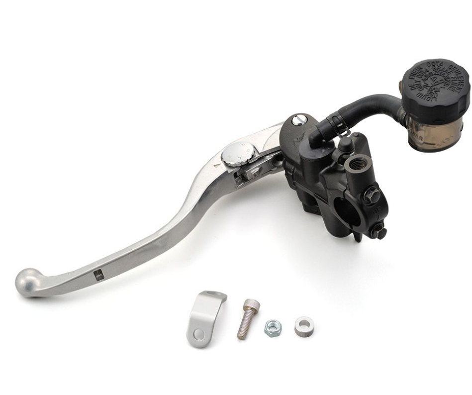 Motorcycle brake lever and caliper assembly on a white background