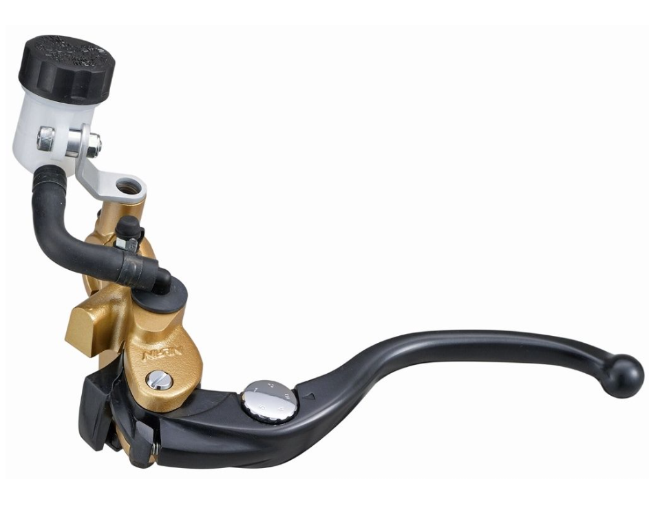 Brake lever with gold and black components on a white background