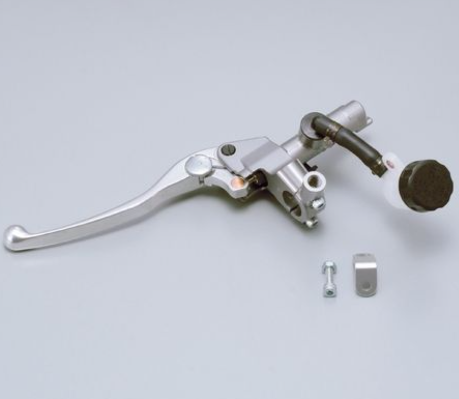 Motorcycle brake lever with additional parts on a light gray background