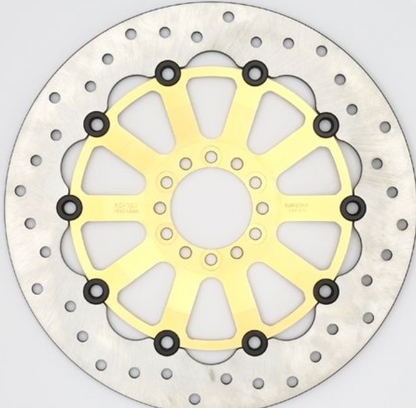 Motorcycle brake disc with yellow center and silver outer rim on a white background