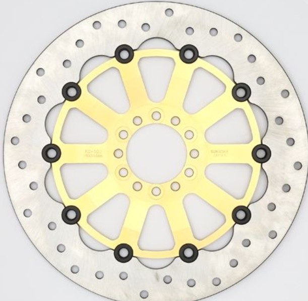 Motorcycle brake disc with yellow center and silver outer rim on a white background