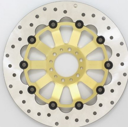 Motorcycle brake disc with gold center and silver outer rim on a white background