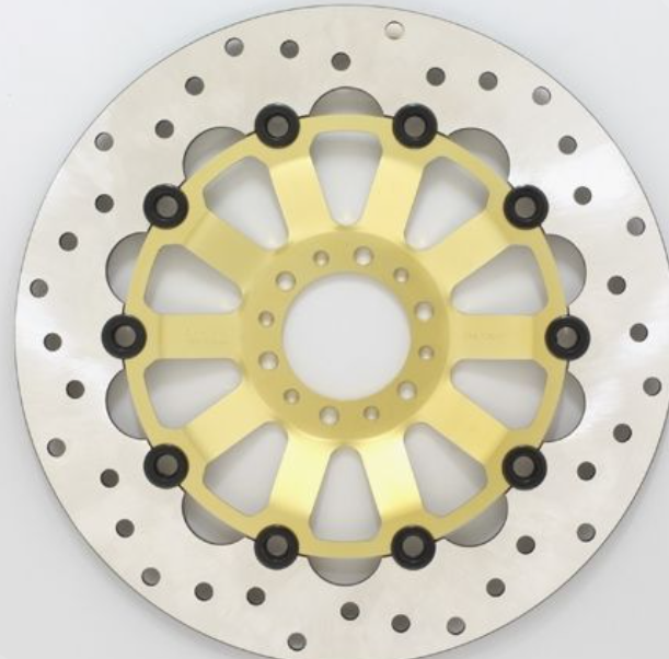 Motorcycle brake disc with gold center and silver outer rim on a white background