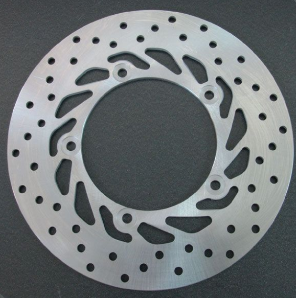 Metallic brake disc on a dark gray background