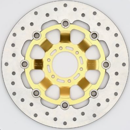 Motorcycle brake disc with gold center on a white background