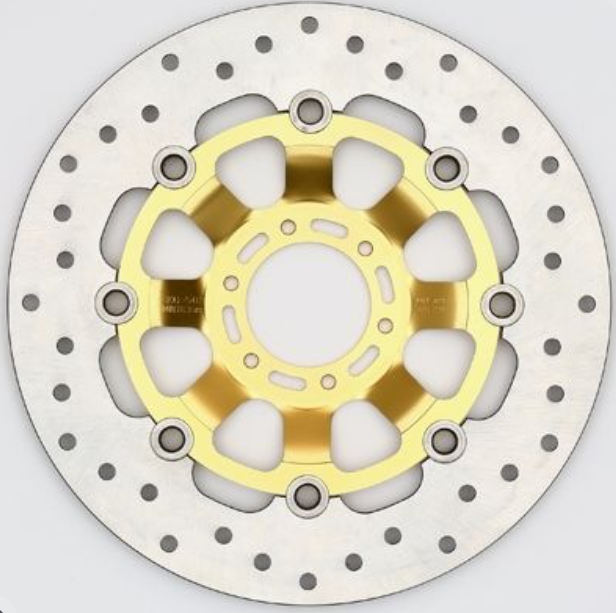 Motorcycle brake disc with gold center on a white background