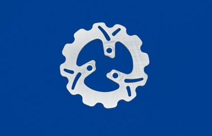 White gear-like symbol on a blue background