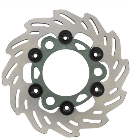 Disc brake rotor with mounting bolts on a white background