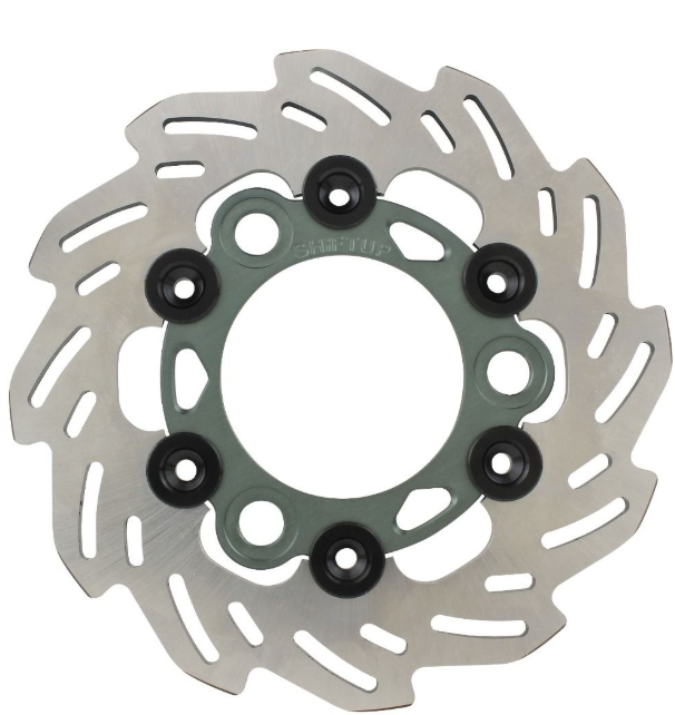 Disc brake rotor with mounting bolts on a white background