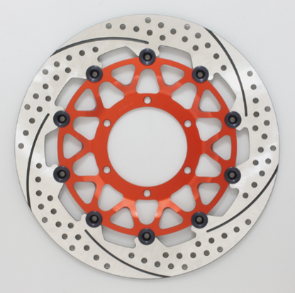 Motorcycle brake disc with red center and silver outer ring on a white background
