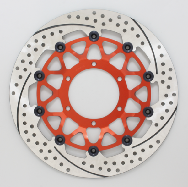 Motorcycle brake disc with red center and silver outer ring on a white background