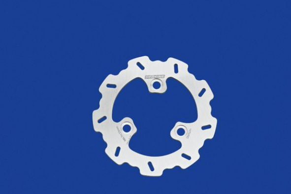 Metallic disc brake rotor on a blue background