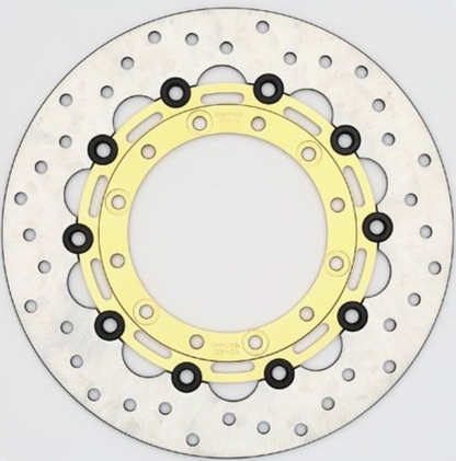Motorcycle brake disc with yellow center and black bolts on a white background