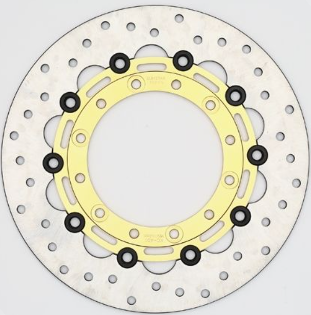 Motorcycle brake disc with yellow center and black bolts on a white background