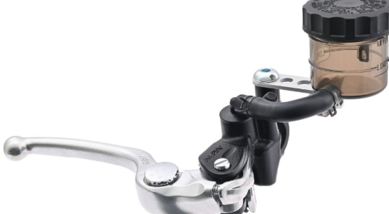 Close-up of a bicycle brake lever and caliper on a white background