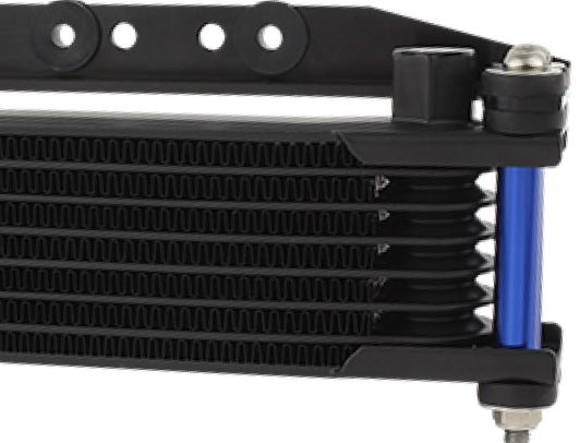 Close-up of a black oil cooler with blue accents on a white background