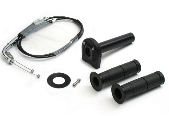 Motorcycle handlebar kit with black grips, cable, and washer on a white background