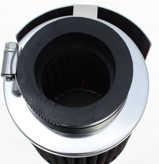Close-up of a black air filter with chrome trim on a white background