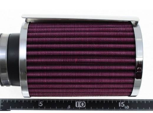 Purple air filter with silver metal housing on a white background