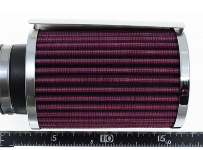 Purple air filter with silver metal housing on a white background