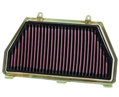 Car air filter with purple pleated material on a white background