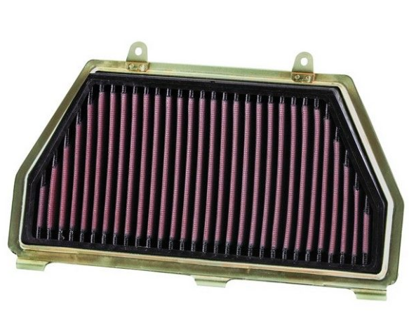 Car air filter with purple pleated material on a white background