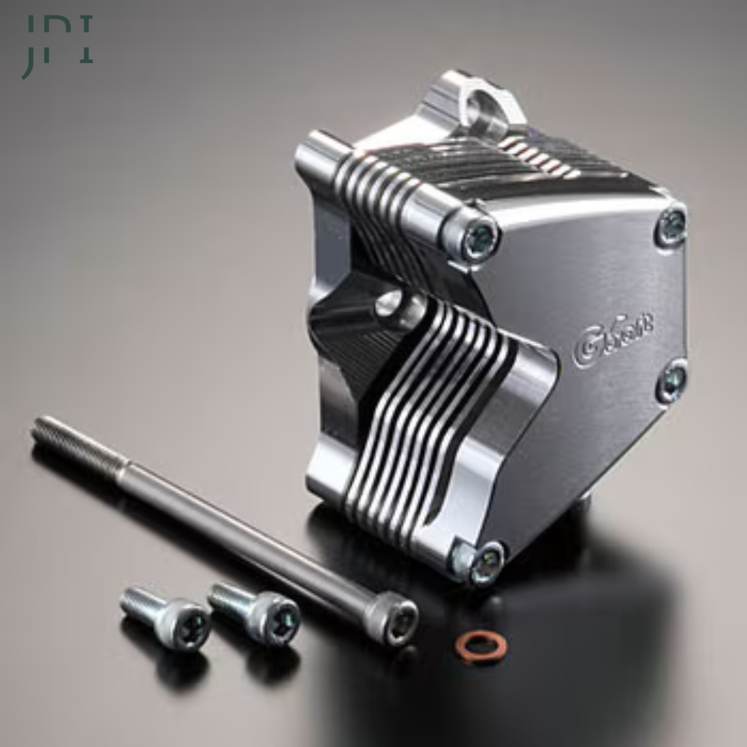 Metal mechanical component with screws on a gray background